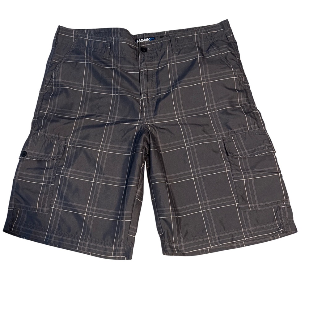 Tony Hawk Mens Plaid Cargo Shorts Grey White Size 38 Polyester Skater Casual